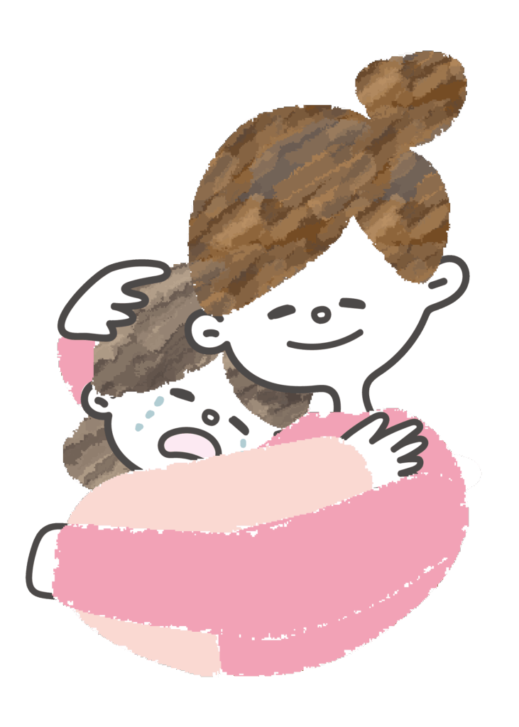 女の子が泣いていてママが抱きしめているイラスト