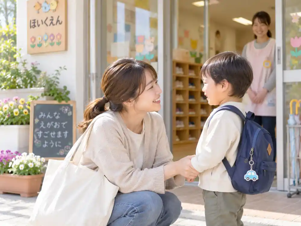 仕事が休みの日に保育園へ子どもを送る親子のイメージ