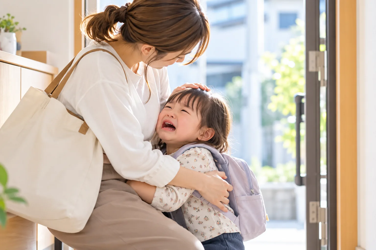 保育園に行きたくないと泣く子どもに寄り添う母親