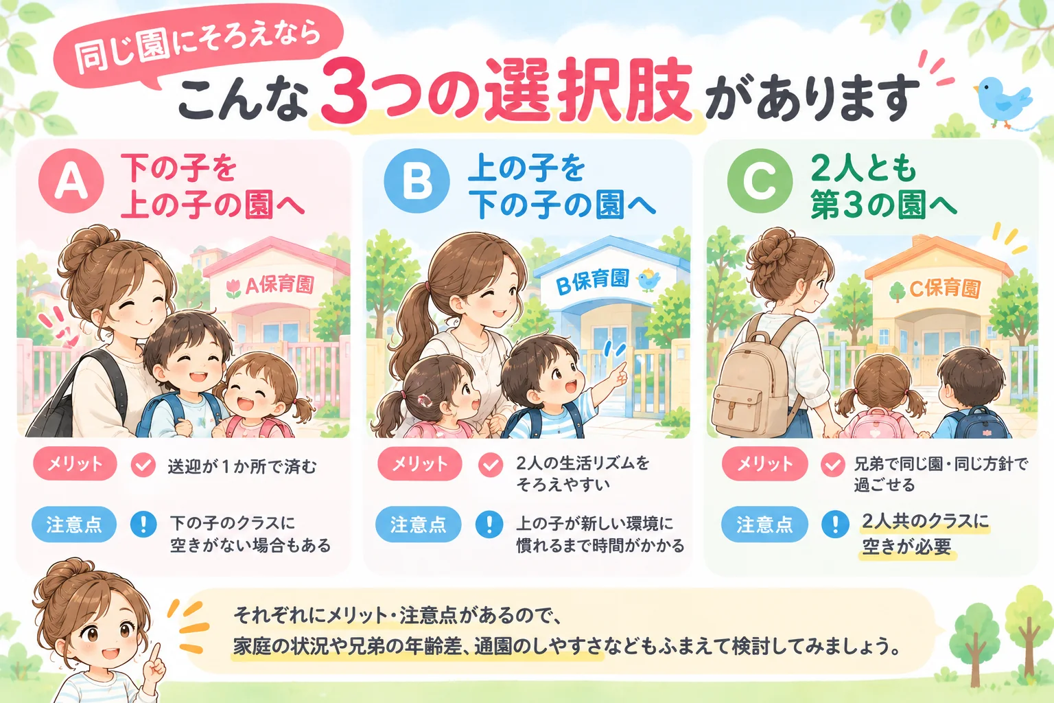 兄弟を同じ保育園にそろえる3つの選択肢を比較した図解