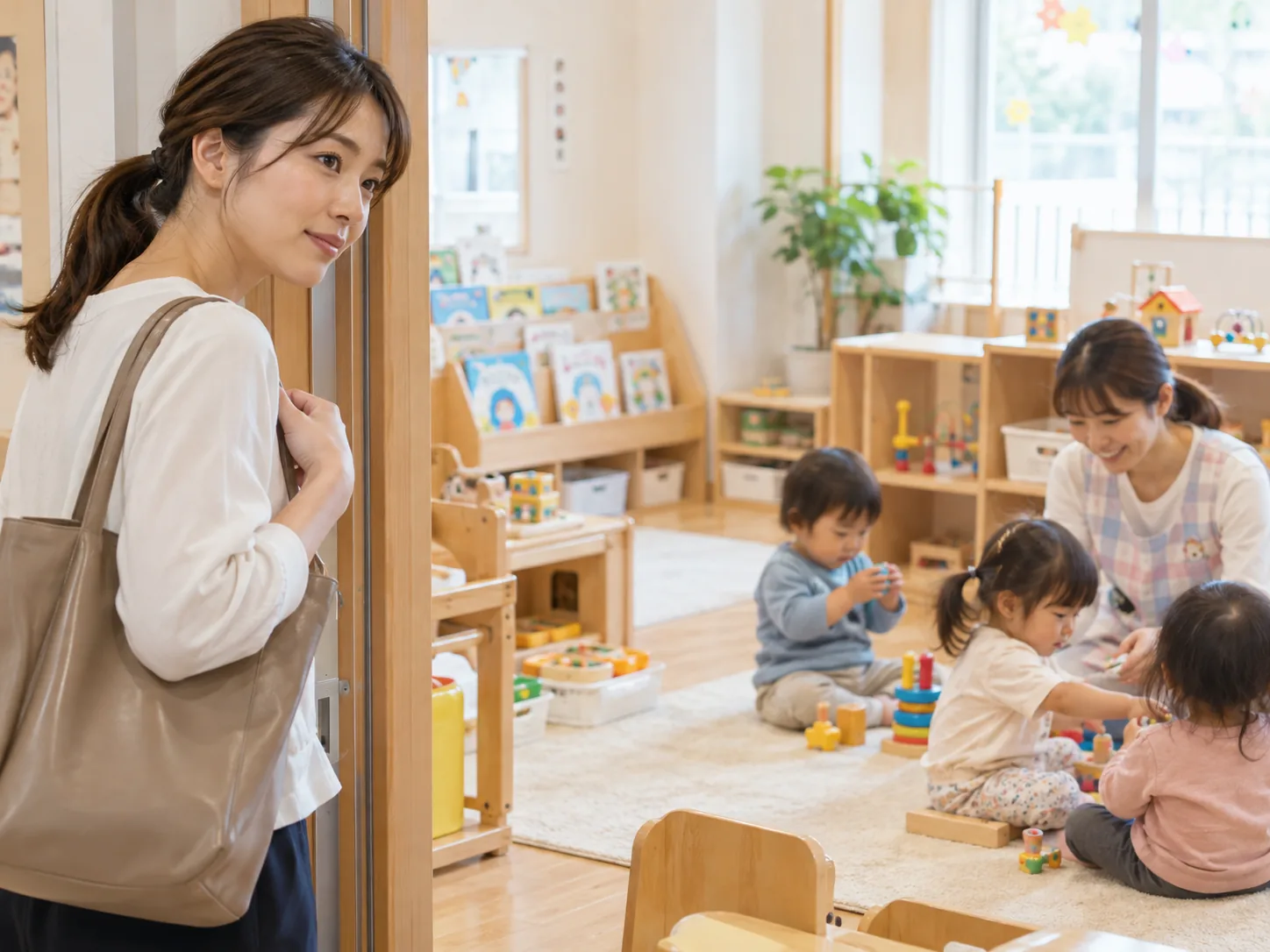 認可外保育園を見学する母親と保育室の様子