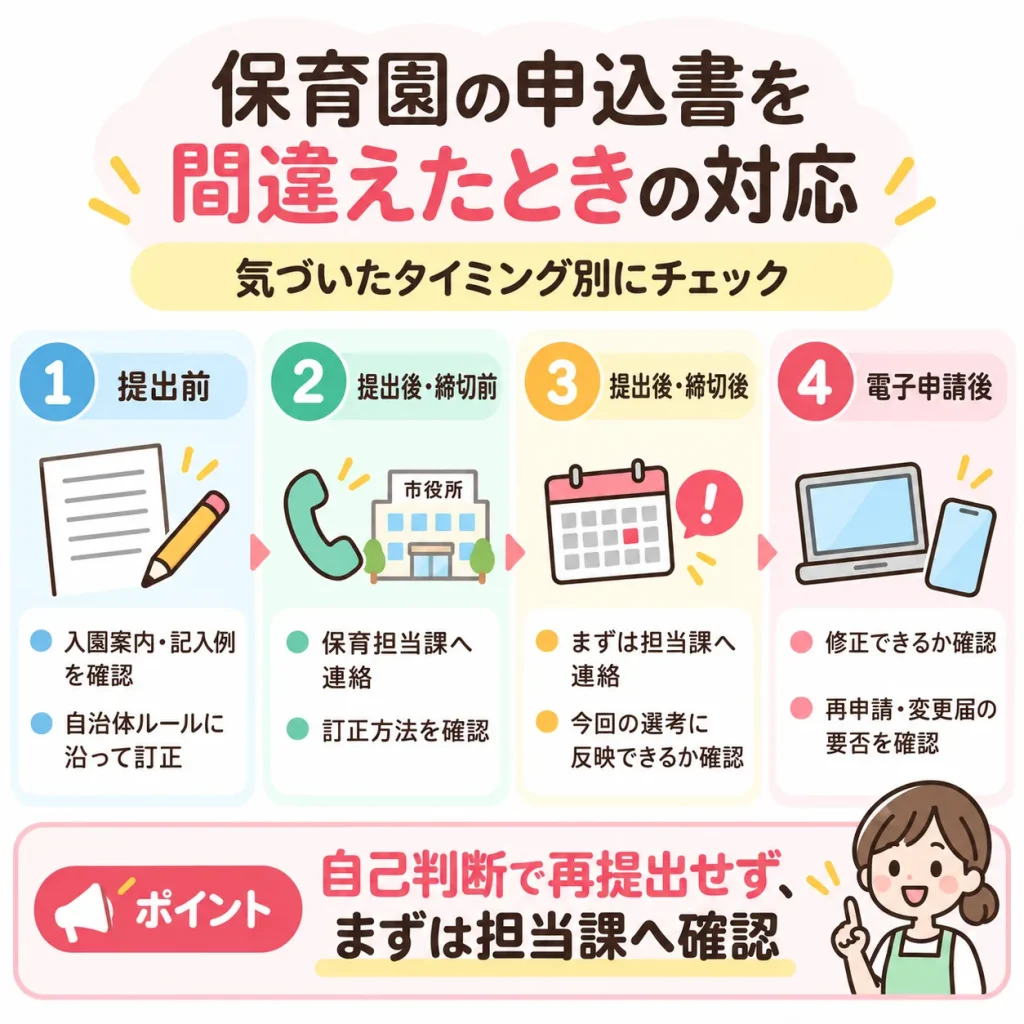 保育園の申込書を間違えたときのタイミング別対応をまとめた図解