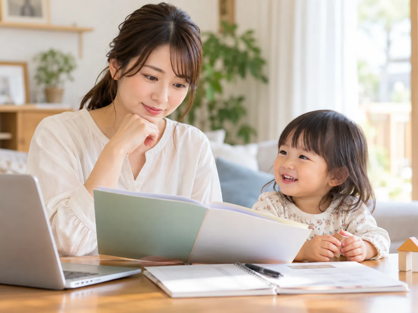 小規模保育園の卒園後について資料を確認する母親と2歳児